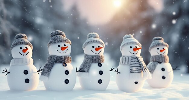 Copyspace Muchos muñecos de nieve de pie en invierno Navidad