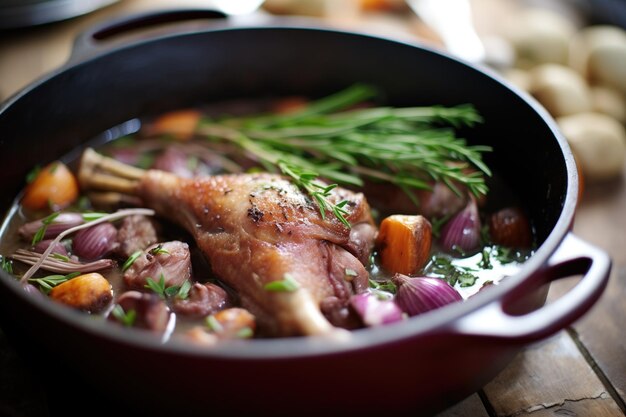 Coq au vin en una olla rústica de hierro fundido con guarnición de tomillo fresco