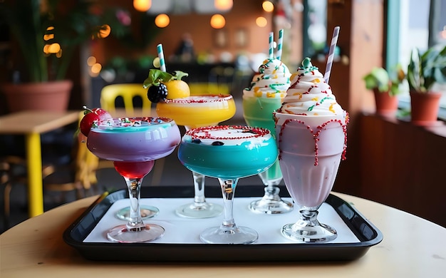 Coquetéis coloridos e milkshakes em uma bandeja no café