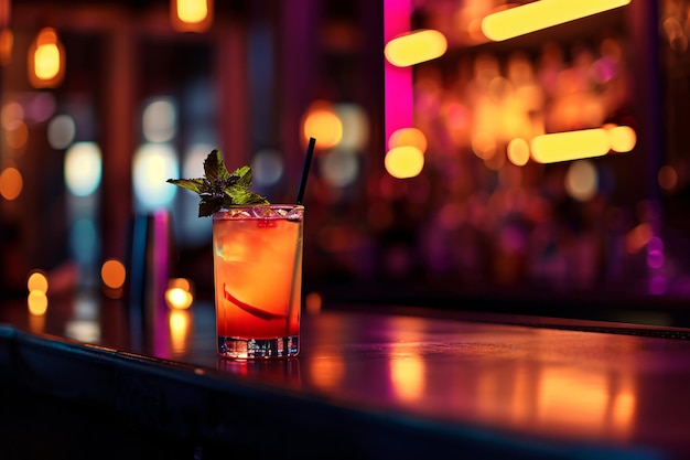 Coquetéis coloridos em um copo nas luzes de néon do balcão do bar no fundo da noite escura com luzes