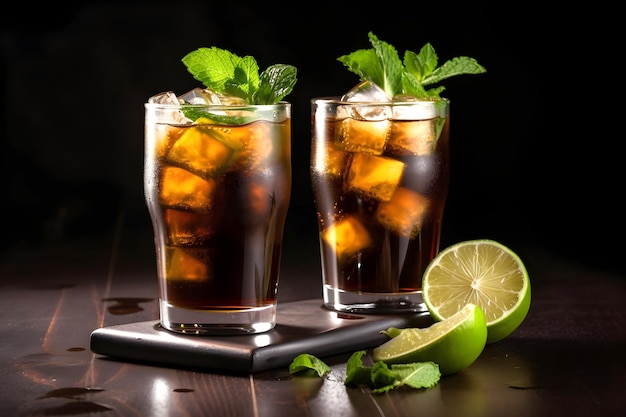 Coquetéis de álcool Cuba libre com rum suco de limão cola limão e gelo em fundo preto AI gerado