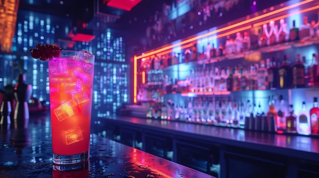 Coquetéis em cores neon vibrantes em uma mesa de bar cyberpunk com espaço vazio IA generativa