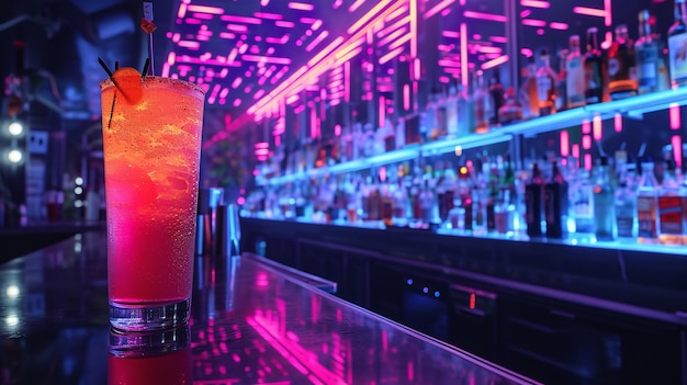 Coquetéis em cores neon vibrantes em uma mesa de bar cyberpunk com espaço vazio IA generativa