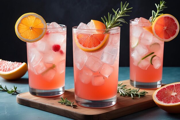 Coquetéis Paloma e Gin e Tônico Coquetéis de verão refrescantes com gelo e tomilho