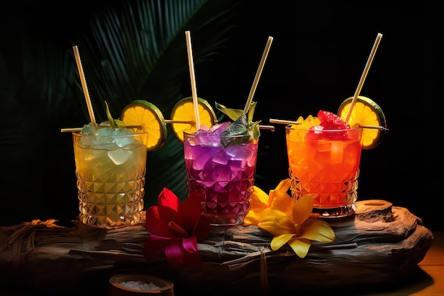 Coquetéis Tiki coloridos com canudos de bambu