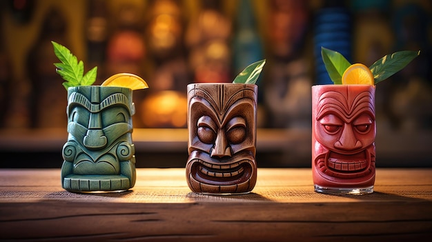 Foto coquetéis tiki refrescantes de verão no fundo de um balcão de bar bar de praia de verão ai