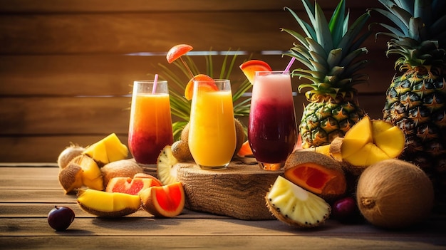 Coquetéis tropicais com frutas frescas em uma praia deslumbrante paradisíaca