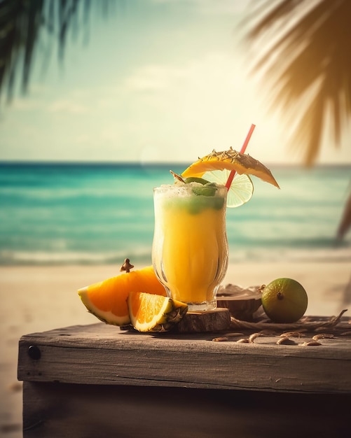 Coquetéis tropicais com frutas frescas em uma praia deslumbrante paradisíaca