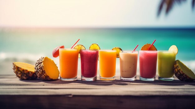 Coquetéis tropicais com frutas frescas em uma praia deslumbrante paradisíaca