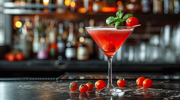 Coquetel alcoólico Caprese Martini feito de suco de tomate e vodca em um copo de martini com manjericão