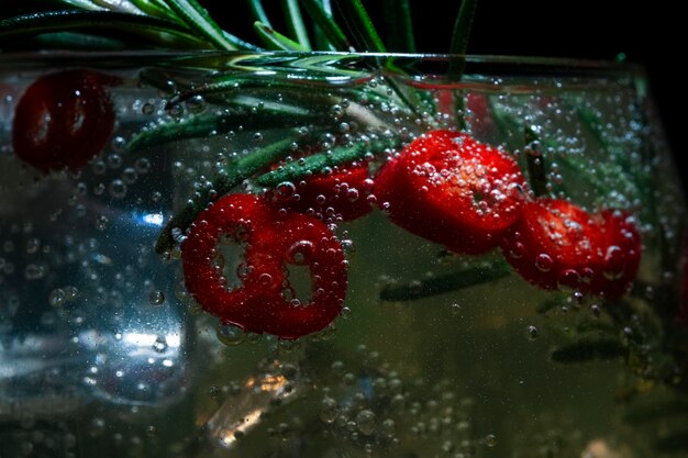 Foto coquetel alcoólico com gelo e alecrim e pepperoni em um fundo preto macro