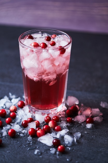 Coquetel alcoólico com vodka, suco de cranberry e gelo. Cape Codder em um copo de Casablanca. Bebida gelada decorada com cranberries frescas.