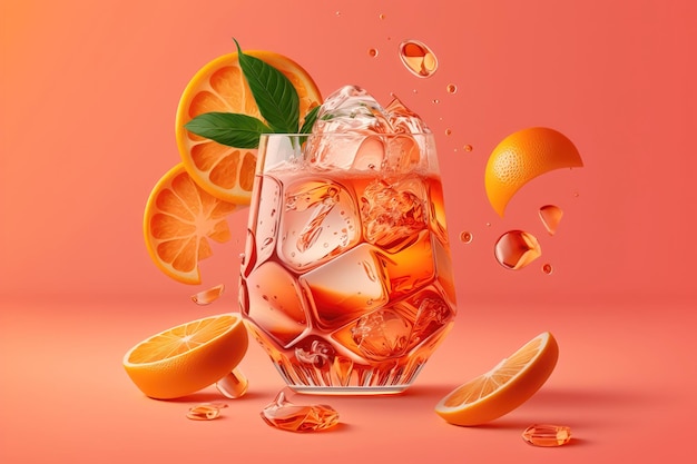 Coquetel Aperol spritz em fundo rosa Ilustração de bebida de coquetel de álcool com cubos de gelo Geração de IA