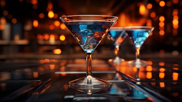 Foto coquetel azul com martini vermelho em um bar