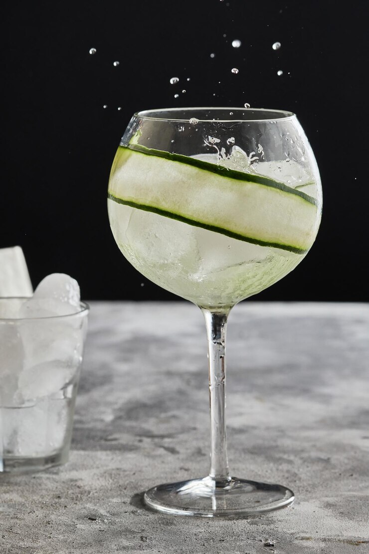 Foto coquetel com fatias de pepino e cubos de gelo em um lindo copo