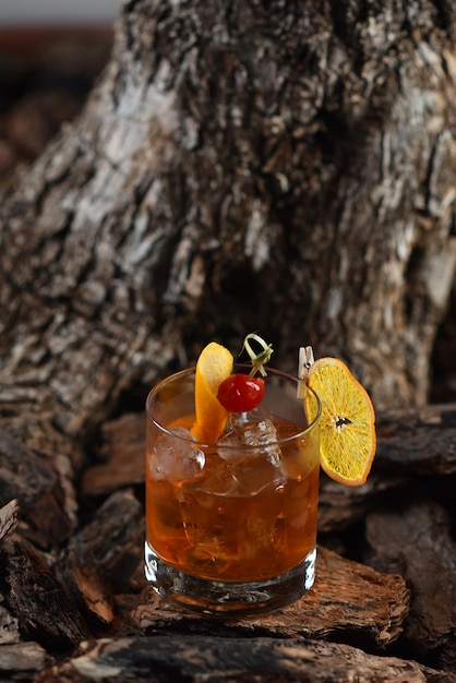 Coquetel de aperitivo Negroni à base de gin e vermute com gelo no fundo da casca de árvore