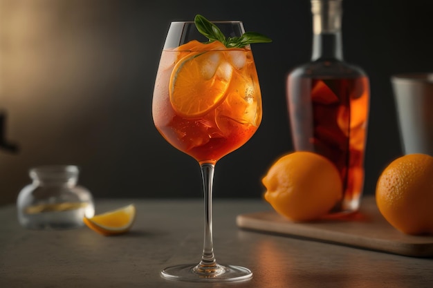 Coquetel de Aperol decorado com laranja em fundo escuro com luz AI Generation