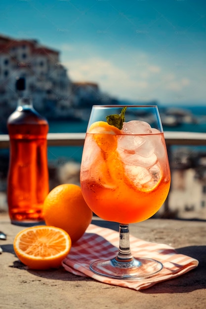 Coquetel de aperol gelado na mesa na praia generative ai