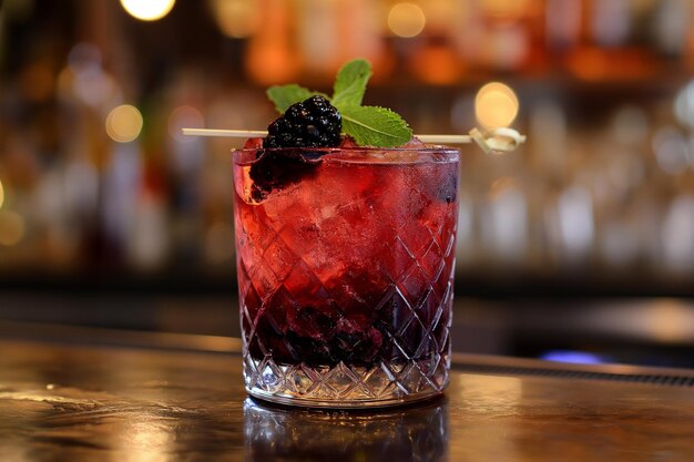 Coquetel de bramble com gelo triturado e uma cobertura de morango em um balcão de bar