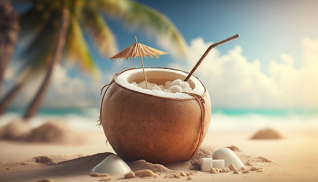 Coquetel de coco na praia clima ensolarado Generative AI