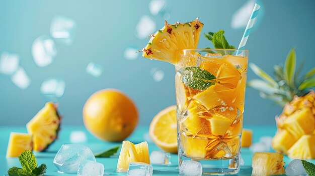 Coquetel de frutas de verão de rotação Limonada de limão fresca fria ou coquetel de mojito com cubos de gelo e folhas de hortelã fresca