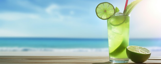 Coquetel de limão de verão mojito em mesa de madeira com praia desfocada Generative ai