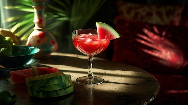 Coquetel de melancia na mesa com sombras de sol Conceito tropical Recurso criativo gerado por IA