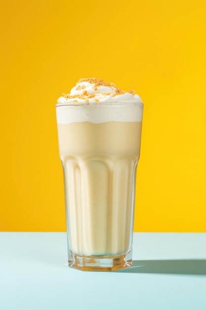 Coquetel de milkshake caramelo em um copo com creme de leite batido e pipoca mal-humorada em um fundo brilhante