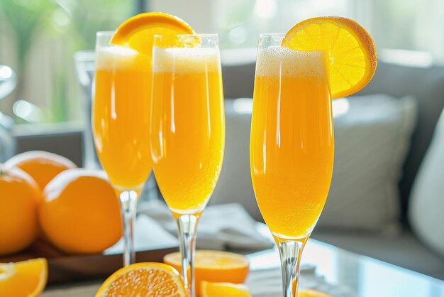 Coquetel de mimosa em copos elegantes com fatias de laranja na mesa