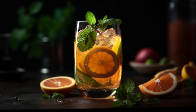 Coquetel de mojito com frutas cítricas frescas e folhas de hortelã geradas por IA