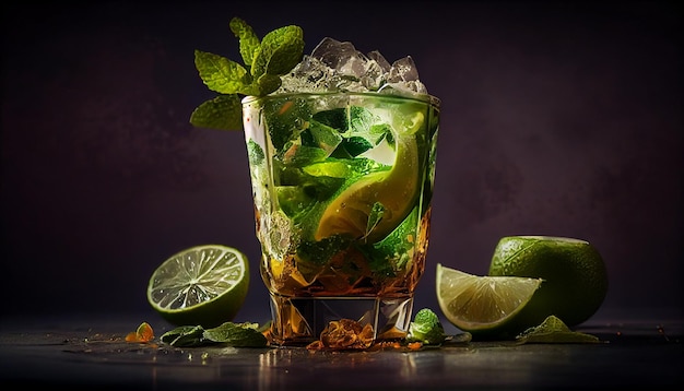 Coquetel de mojito com hortelã-limão e gelo em backgroundgenerative ai preto