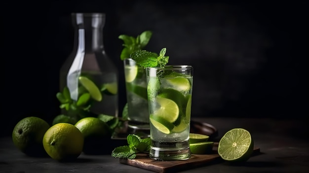 Coquetel de mojito com hortelã limão e gelo na mesa de madeira