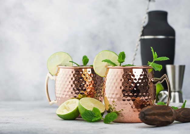 Coquetel de mula de Moscou em uma caneca de cobre com limão e hortelã