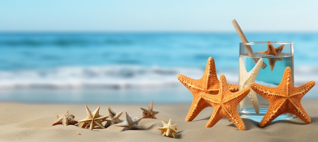 Coquetel de praia tropical com palmeiras, conchas e estrelas-da-mar no mar azul e areia ideal para texto