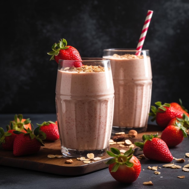 Coquetel de smoothie de milk-shake de morango em copos configuração de comida de verão em fundo escuro