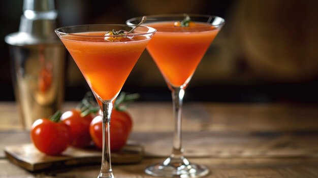 Coquetel de tomate em copos de martini com um galho de rosmarim em decoração