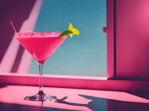 Coquetel de verão alcoólico daiquiri rosa em um fundo rosa moderno generativo ai