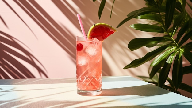 Coquetel de verão com frutas e gelo Beber em mesa branca sobre parede rosa à luz do sol com folhas de palmeira