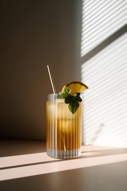coquetel de verão com menta de uísque de limão e cubos de gelo na luz solar minimalista de fundo colorido