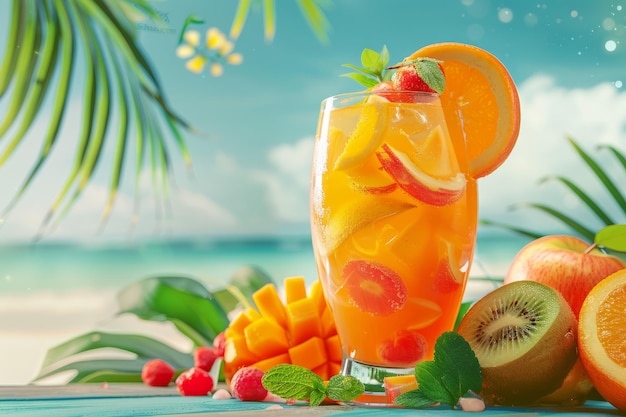 Coquetel de verão refrigerado adornado com frutas tropicais brilhantes