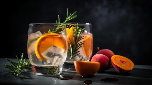 Coquetel de vodka e sprite com frutas maduras e alecrim Ilustração AI GenerativexA