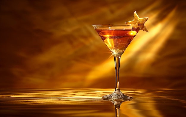 Coquetel dourado em copo martini adornado com uma estrela dourada de frutas de fundo de âmbar espaço de cópia