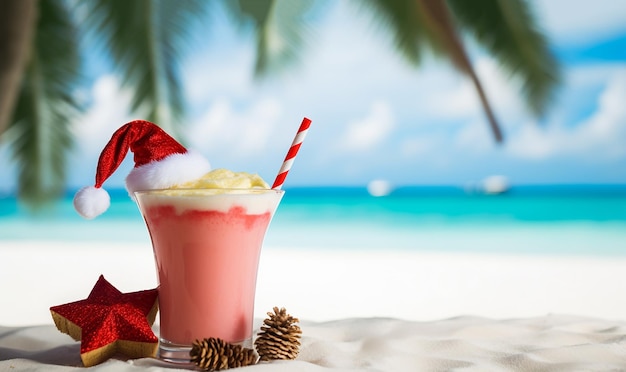 Coquetel e chapéu de Papai Noel em uma praia tropical com espaço para cópias Férias, turistas, viagens de inverno