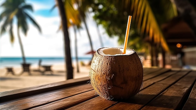 coquetel em coco na mesa de madeira há uma clara