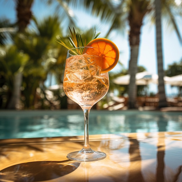 coquetel em vidro à beira da piscina na palmeira da praia