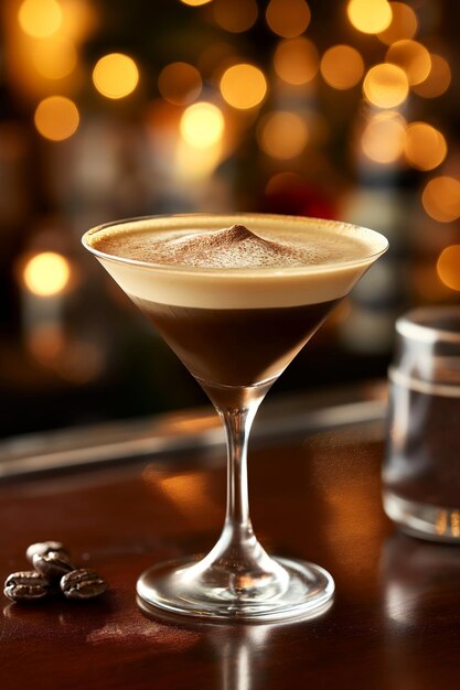 Coquetel Espresso Martini com top cremoso no balcão de madeira do bar contra o ambiente aconchegante do bar