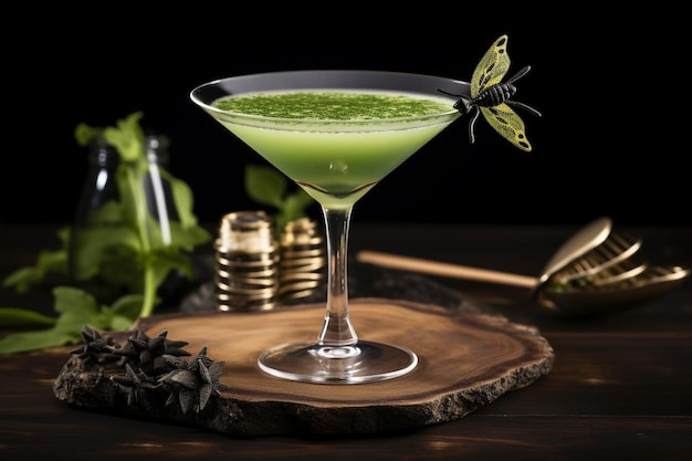 Foto coquetel fada verde tequila vodca licor absinto limão framboesa vista lateral