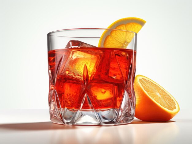 Coquetel Negroni em vidro de cristal com cubos de gelo e fatia de laranja