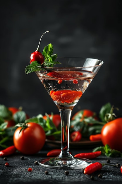 Coquetel picante em copo de martini com pimenta vermelha em fundo escuro