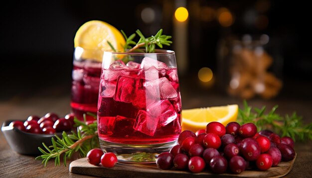 Coquetel refrescante em mesa de madeira adornado com cítricos gerados pela IA